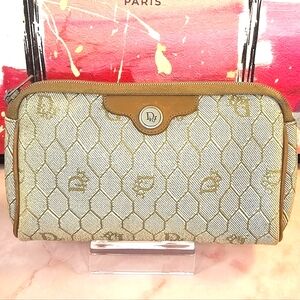 🐝Christian Dior Honeycomb Pattern VGUC Tan & Beige Vintage Pouch🍯